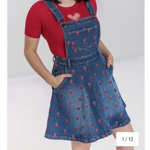 Hell Bunny Blue Denim Pinafore Dress with strawberries